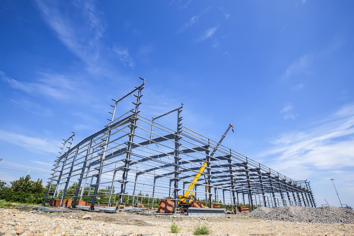 Construction site, steel frame structure is under construction